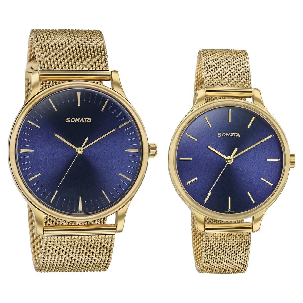 Sonata Modern Bandhan Quartz Analog Blue Dial Stainless Steel Strap Watch for Couple