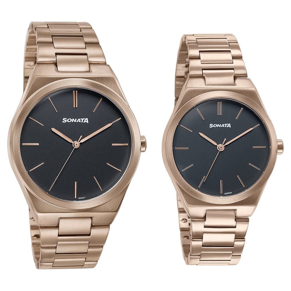 Sonata Wedding Edit Quartz Analog Black Dial Stainless Steel Strap Watch For Pair