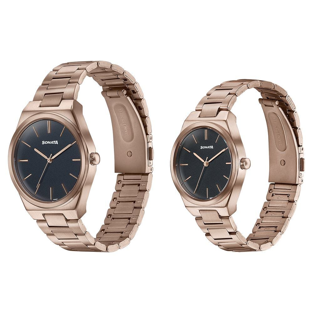 Sonata Wedding Edit Quartz Analog Black Dial Stainless Steel Strap Watch For Pair