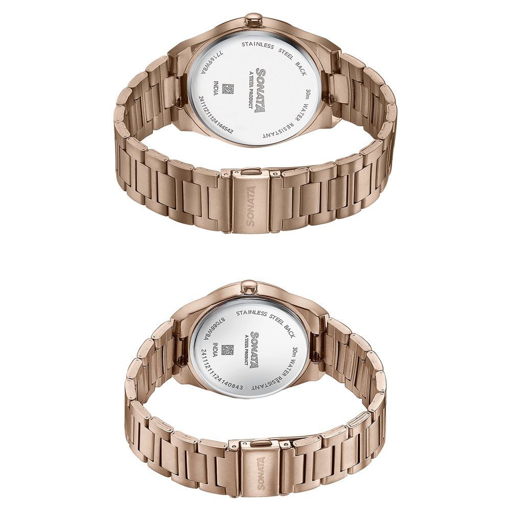 Sonata Wedding Edit Quartz Analog Black Dial Stainless Steel Strap Watch For Pair