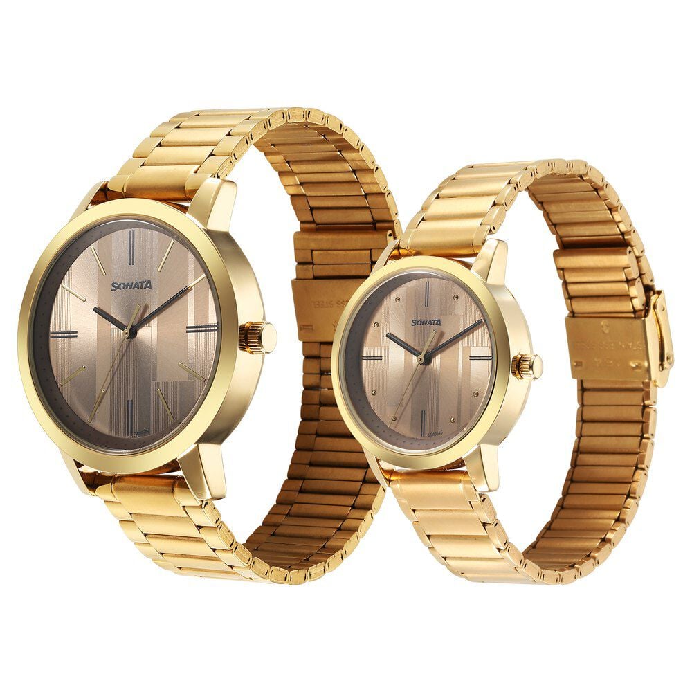 Sonata Alloy Pairs Quartz Analog Brown Stainless Steel Strap for Couple