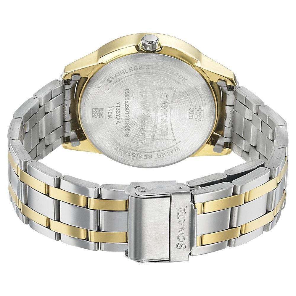 Sonata Quartz Analog with Day and Date Silver Dial Bimetal Strap Watch for Men