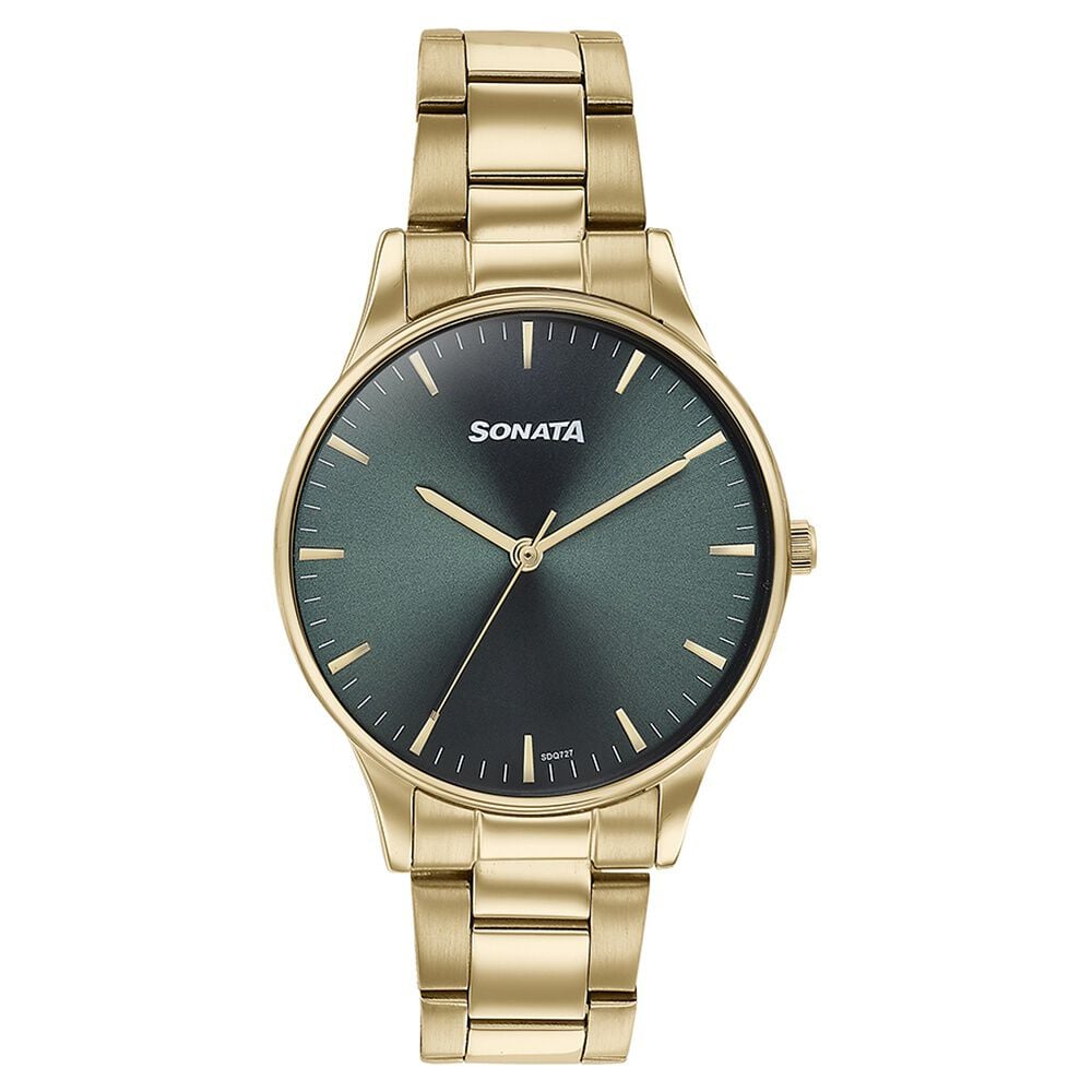 Sonata Quartz Analog Green Dial Golden Stainless Steel Strap Watch For Men