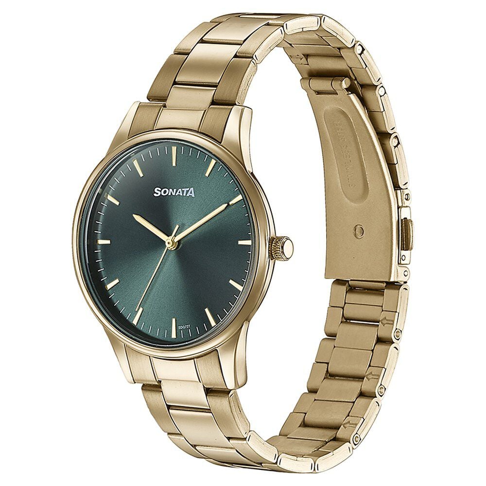Sonata Quartz Analog Green Dial Golden Stainless Steel Strap Watch For Men