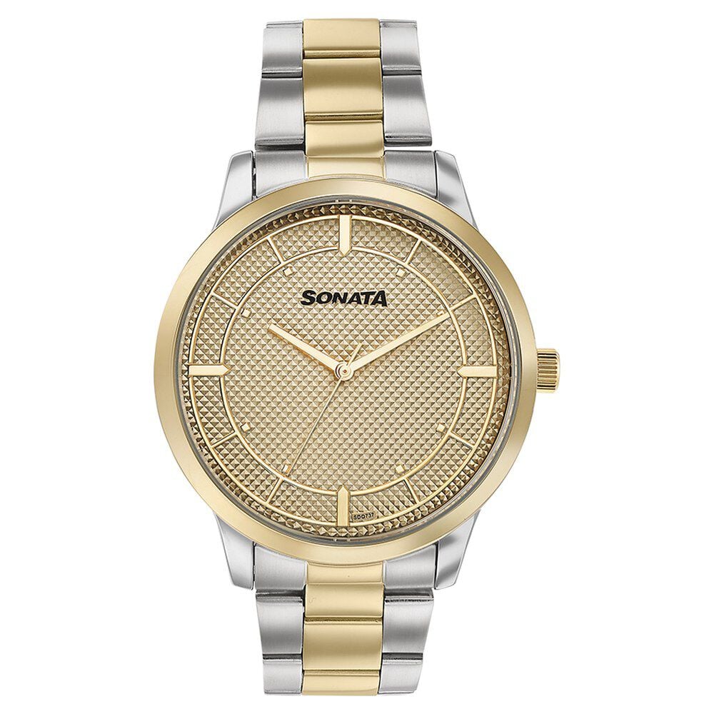 Sonata Quartz Analog Golden Dial Two Toned Stainless Steel Strap Watch For Men