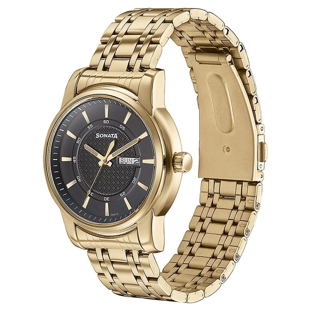 Sonata Quartz Analog with Day and Date Black Dial Golden Stainless Steel Strap Watch For Men