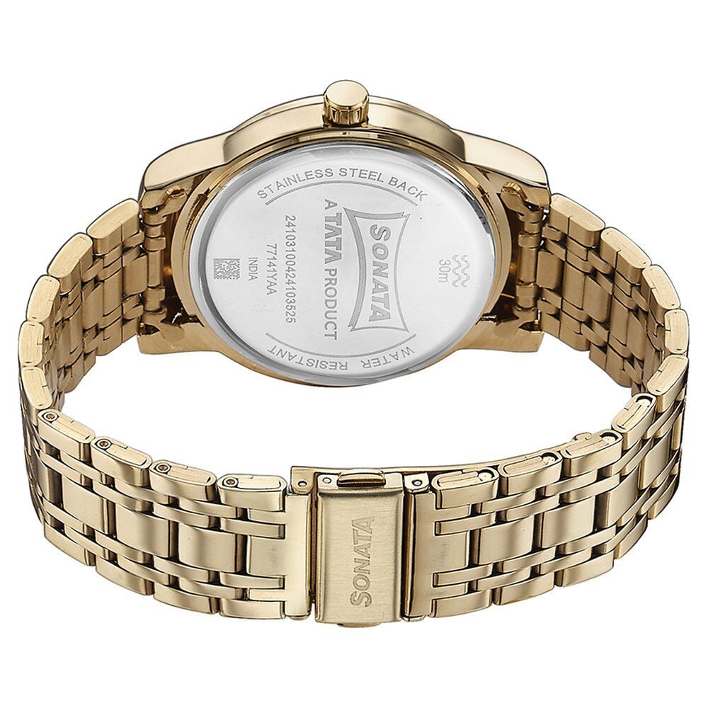 Sonata Quartz Analog with Day and Date Black Dial Golden Stainless Steel Strap Watch For Men