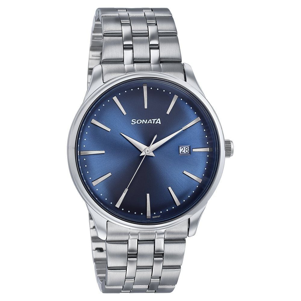 Sonata Wedding Edit Quartz Analog with Date Blue Dial Stainless Steel Strap Watch For Men