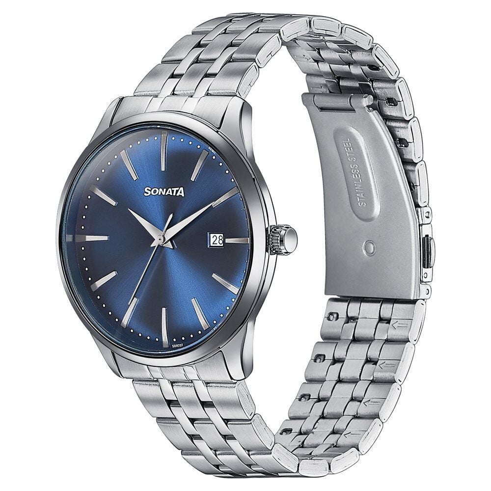 Sonata Wedding Edit Quartz Analog with Date Blue Dial Stainless Steel Strap Watch For Men