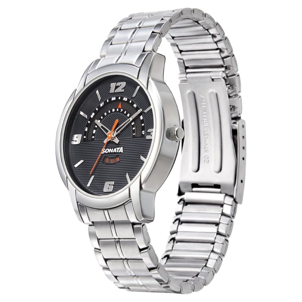 Sonata RPM Quartz Analog with Day and Date Black Dial Metal Strap Watch for Men