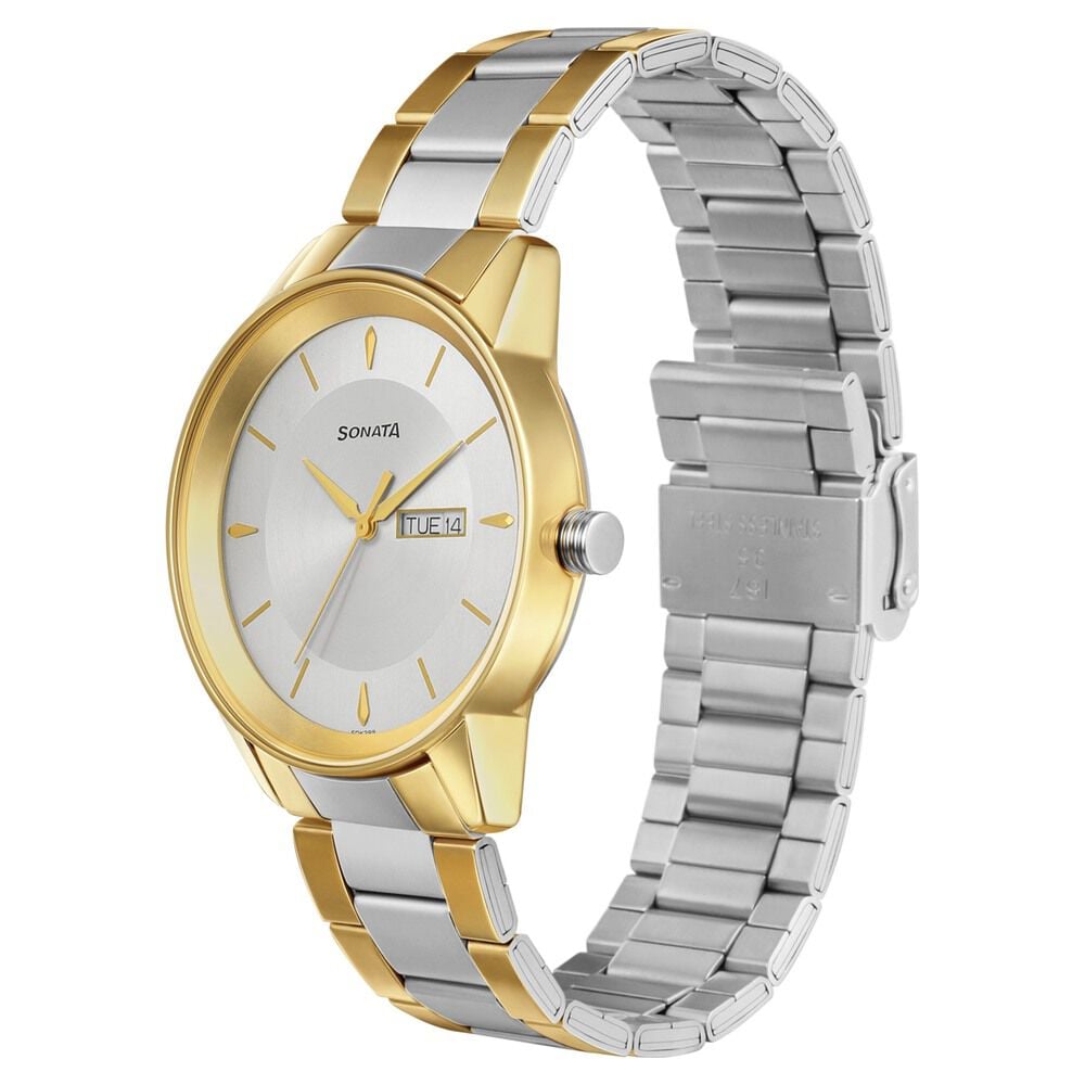 Sonata Quartz Analog with Day and Date Silver Dial Stainless Steel Strap Watch for Men