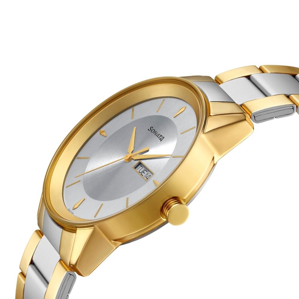 Sonata Quartz Analog with Day and Date Silver Dial Stainless Steel Strap Watch for Men