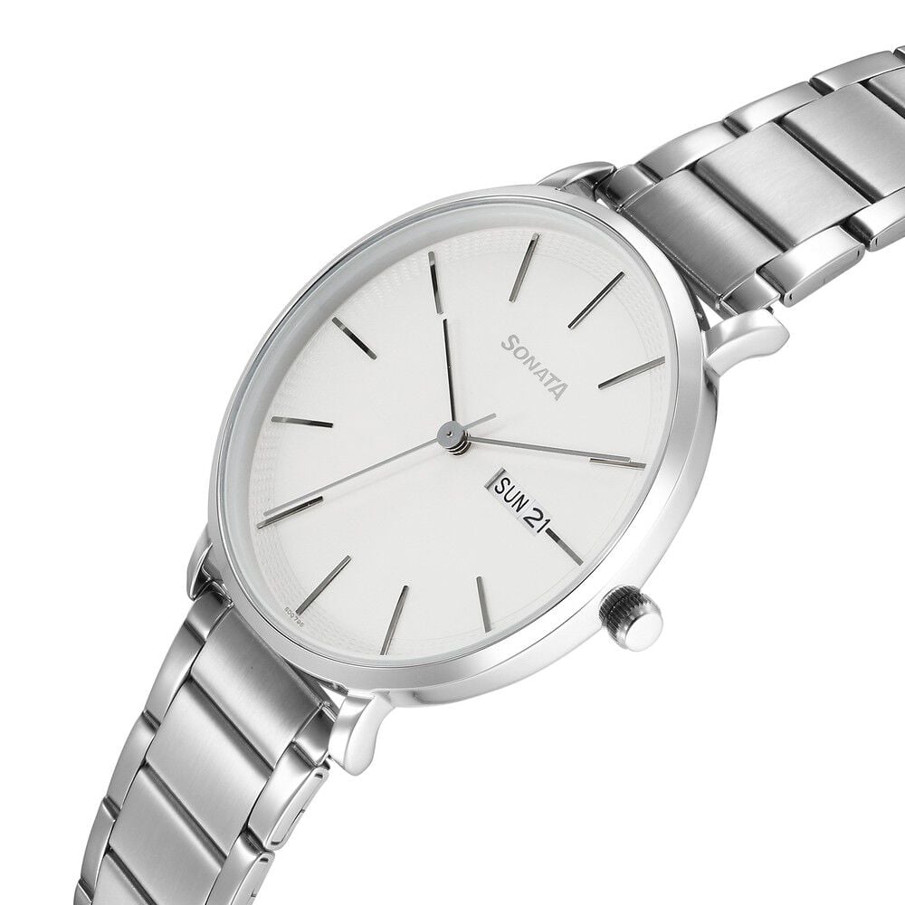 Sonata Ascent Quartz Analog with Day and Date White Dial Stainless Steel Strap Watch For Men