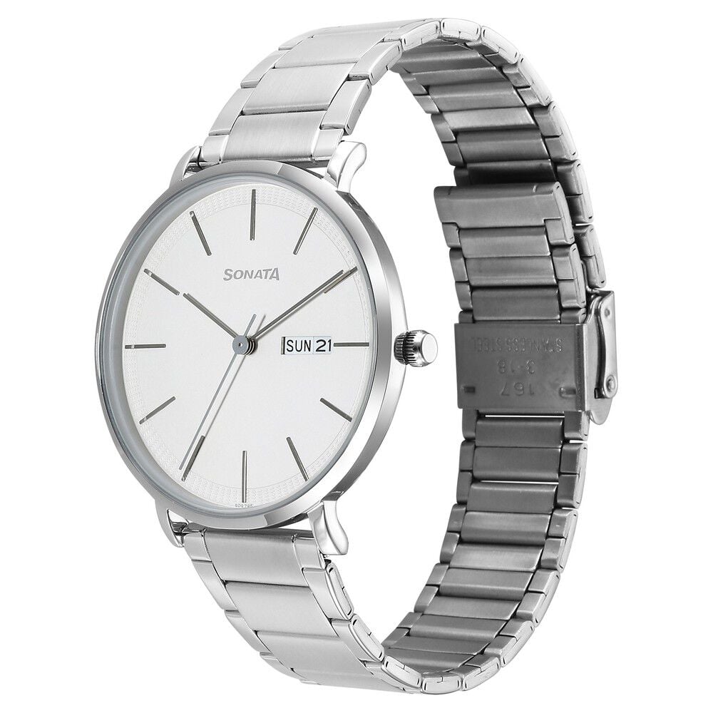 Sonata Ascent Quartz Analog with Day and Date White Dial Stainless Steel Strap Watch For Men