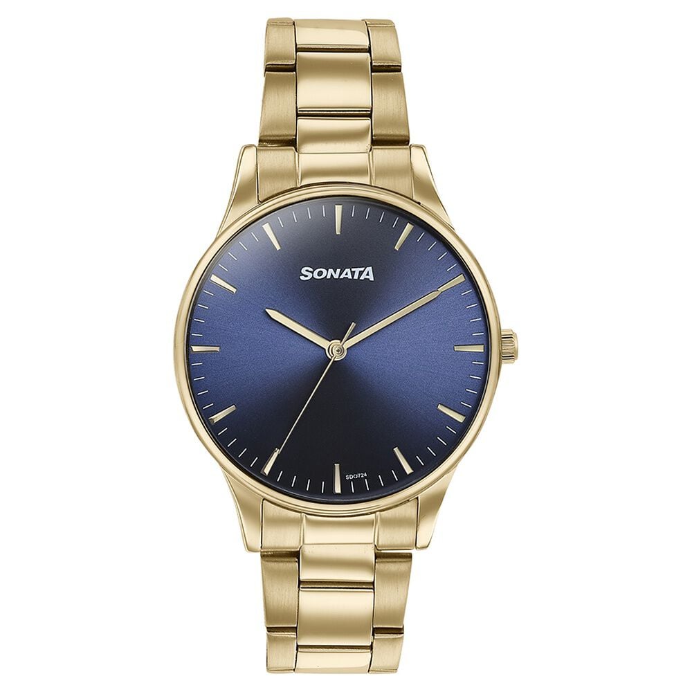 Sonata Quartz Analog Blue Dial Golden Stainless Steel Strap Watch For Men