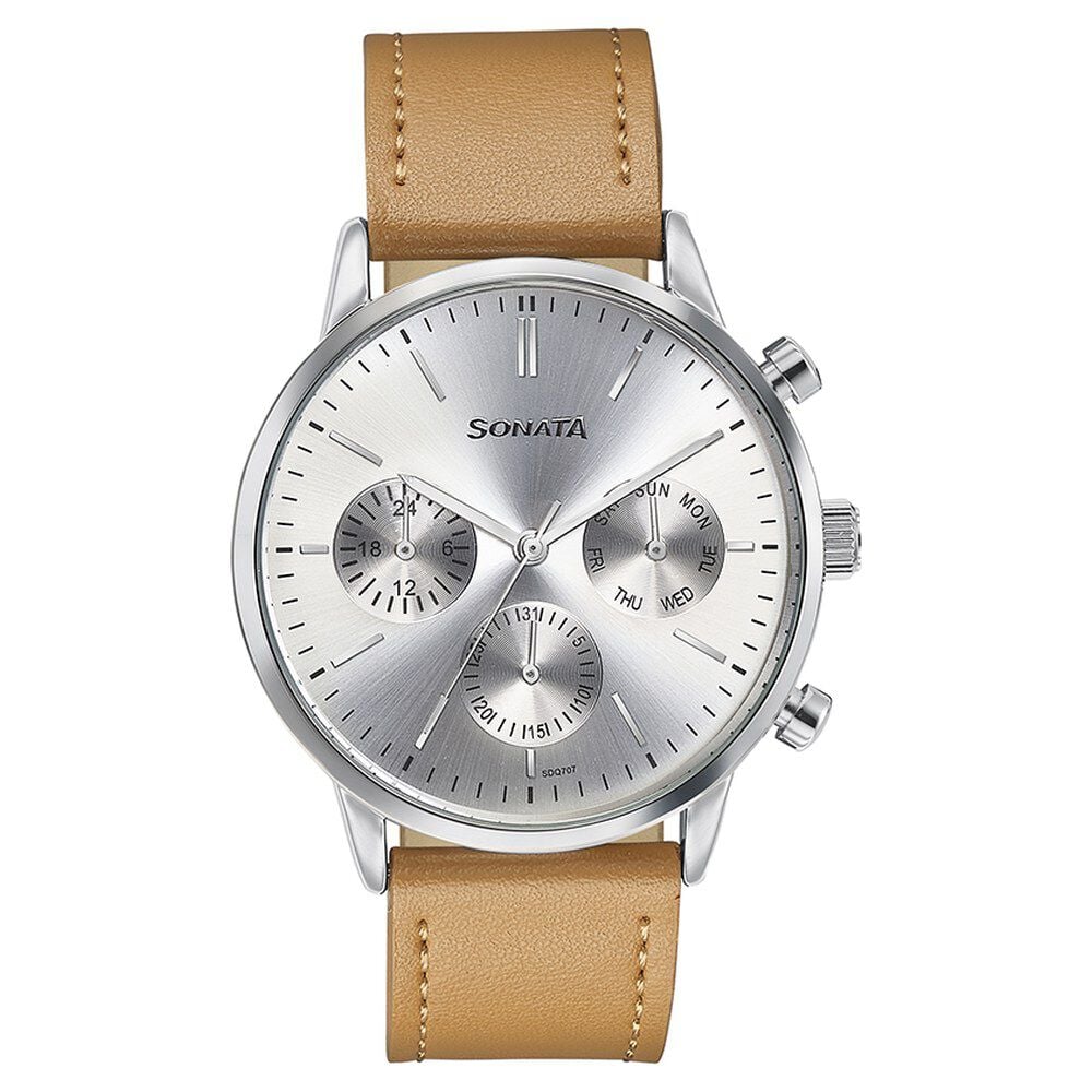 Sonata Quartz Multifunction Silver Dial Brown Leather Strap Watch For Men