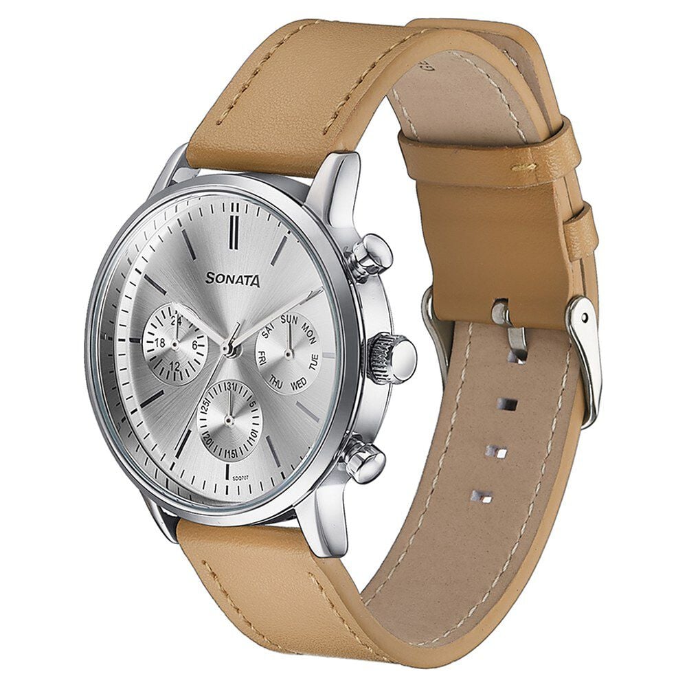 Sonata Quartz Multifunction Silver Dial Brown Leather Strap Watch For Men