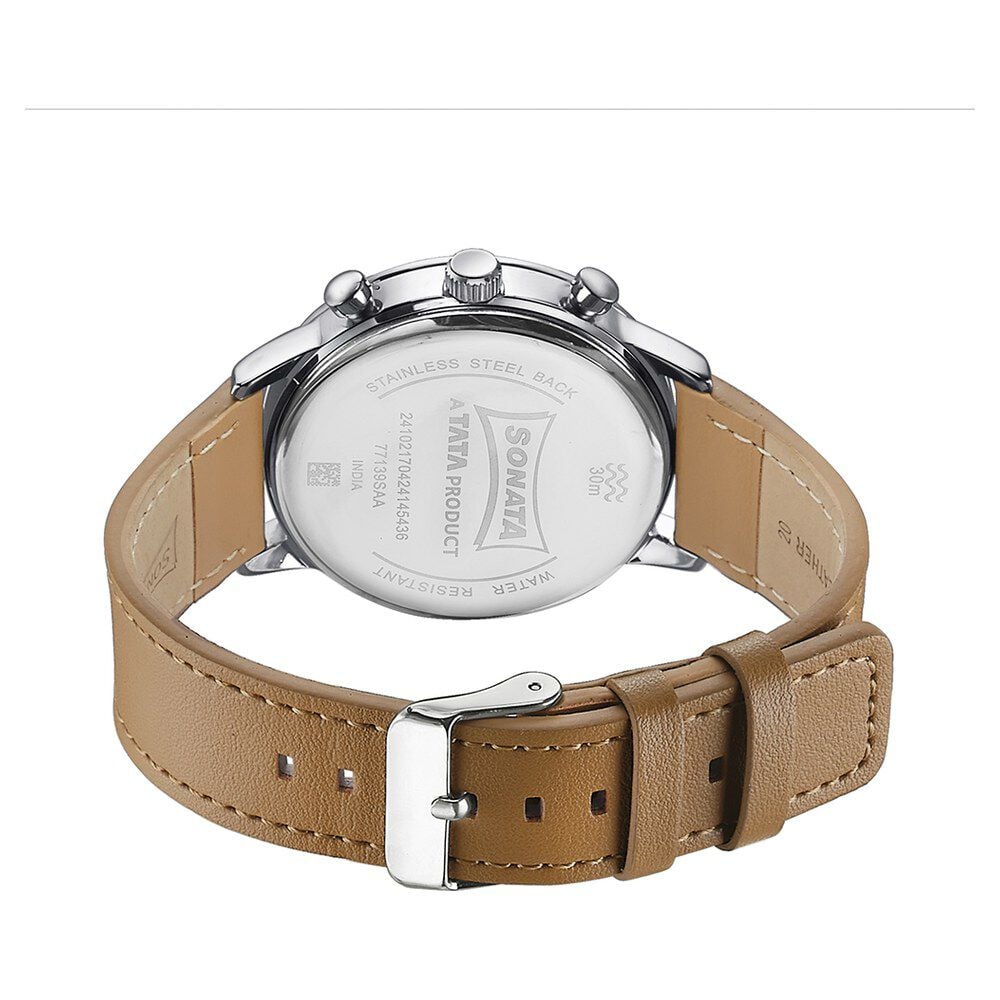 Sonata Quartz Multifunction Silver Dial Brown Leather Strap Watch For Men