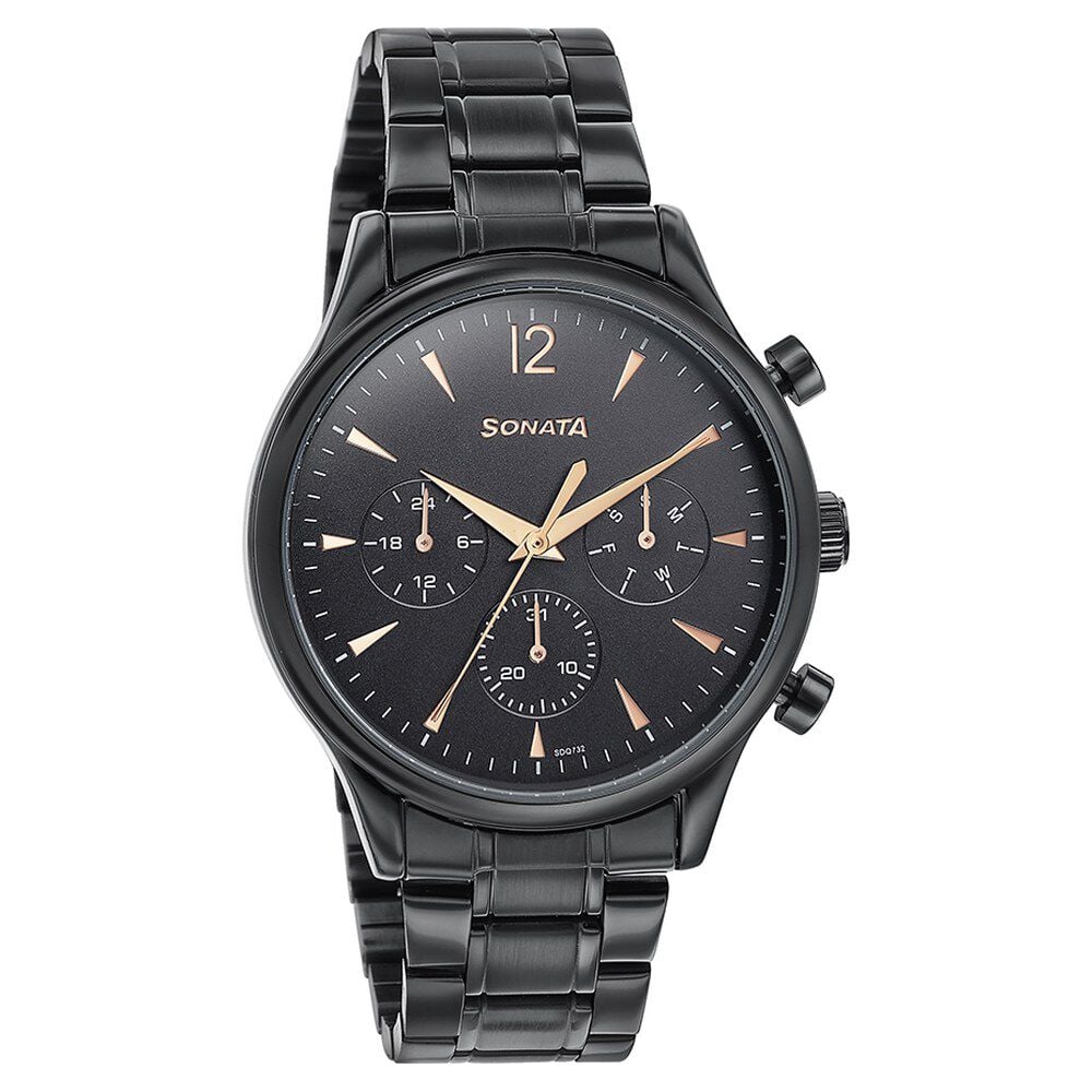 Sonata Wedding Edit Quartz Multifunction Black Dial Stainless Steel Strap Watch For Men