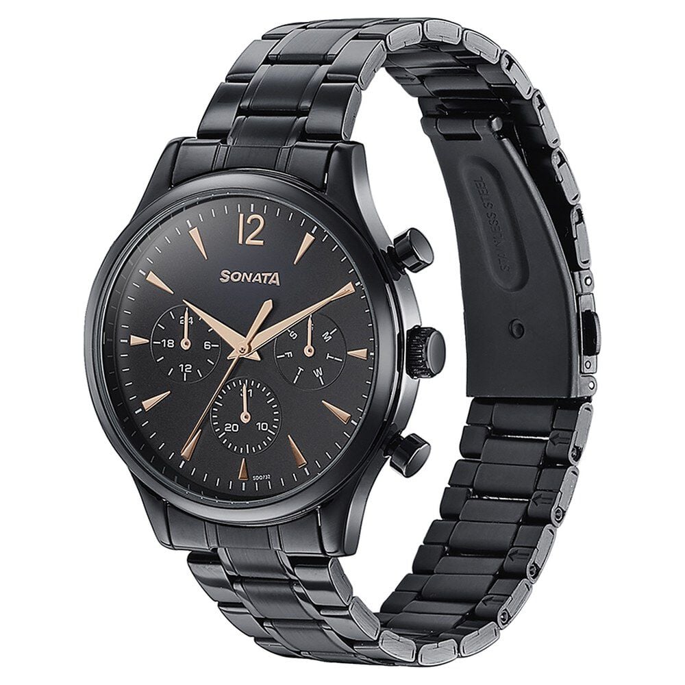 Sonata Wedding Edit Quartz Multifunction Black Dial Stainless Steel Strap Watch For Men