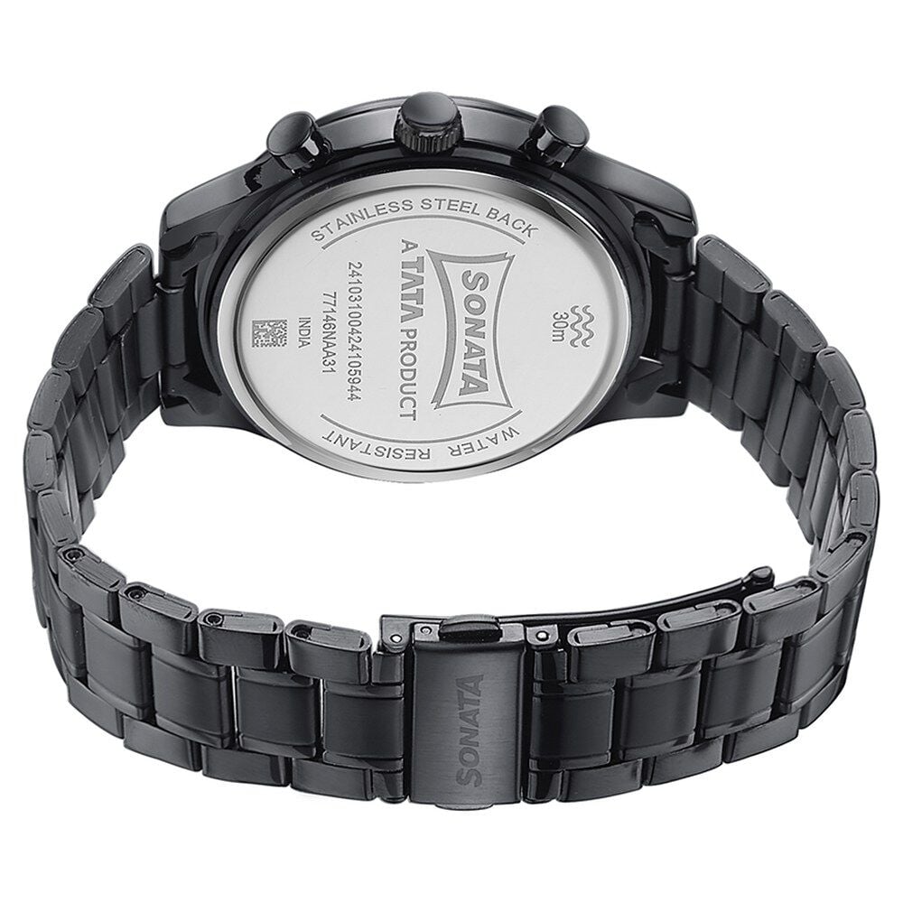 Sonata Wedding Edit Quartz Multifunction Black Dial Stainless Steel Strap Watch For Men
