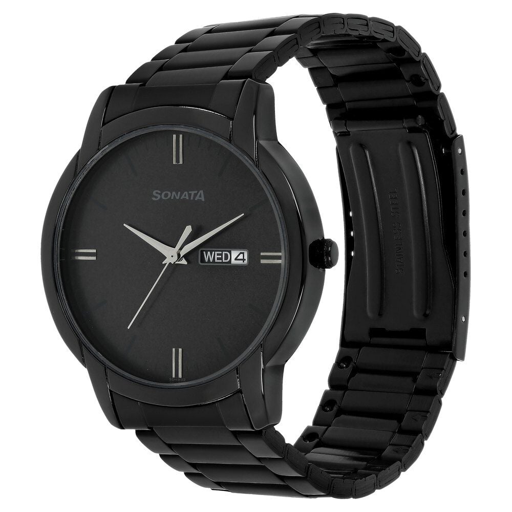 Sonata Quartz Analog with Day and Date Black Dial Stainless Steel Strap Watch for Men