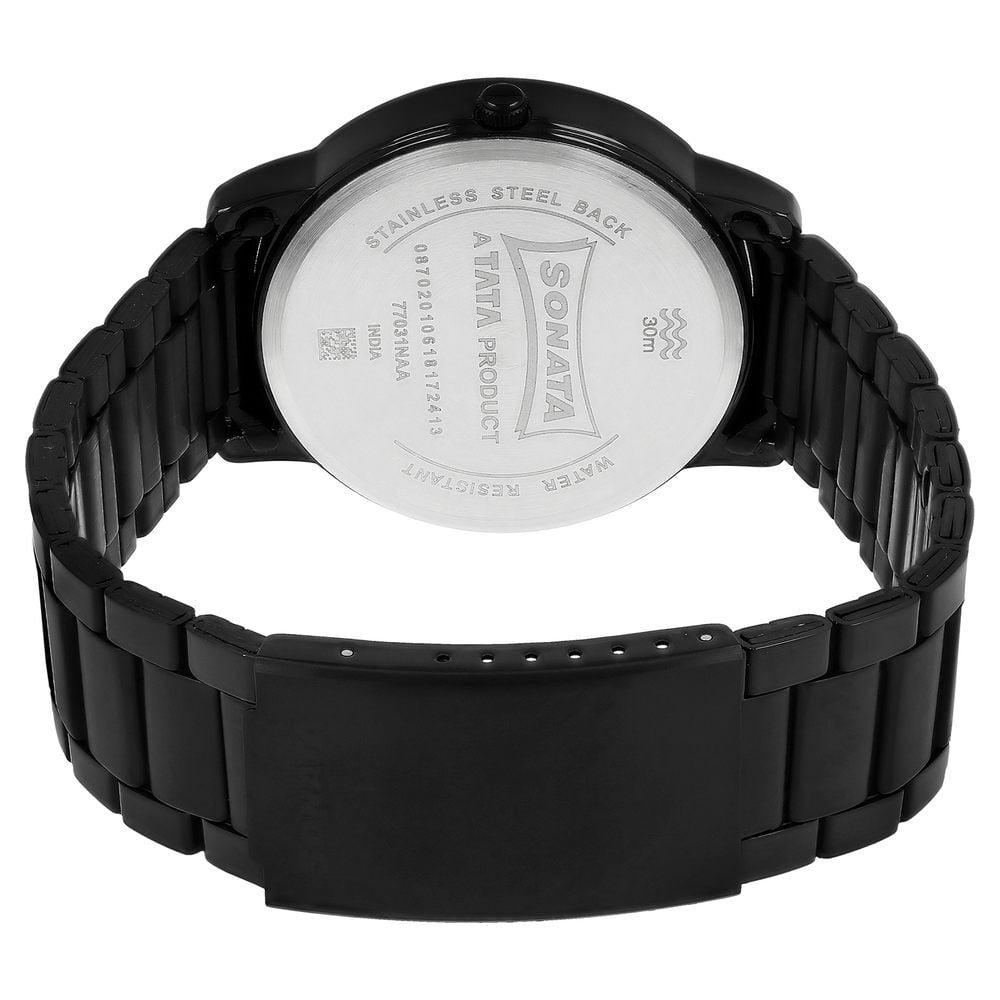 Sonata Quartz Analog with Day and Date Black Dial Stainless Steel Strap Watch for Men