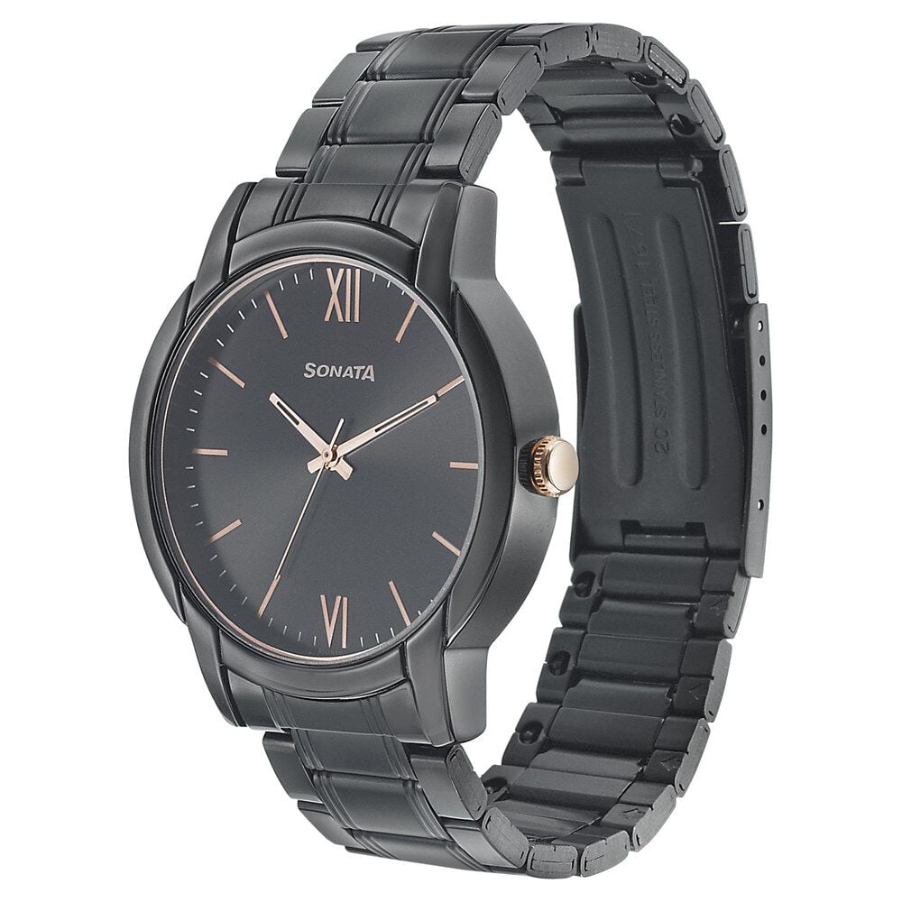 Sonata Beyond Gold Quartz Analog Black Dial Metal Strap Watch for Men