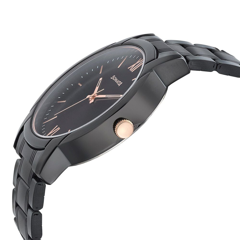 Sonata Beyond Gold Quartz Analog Black Dial Metal Strap Watch for Men