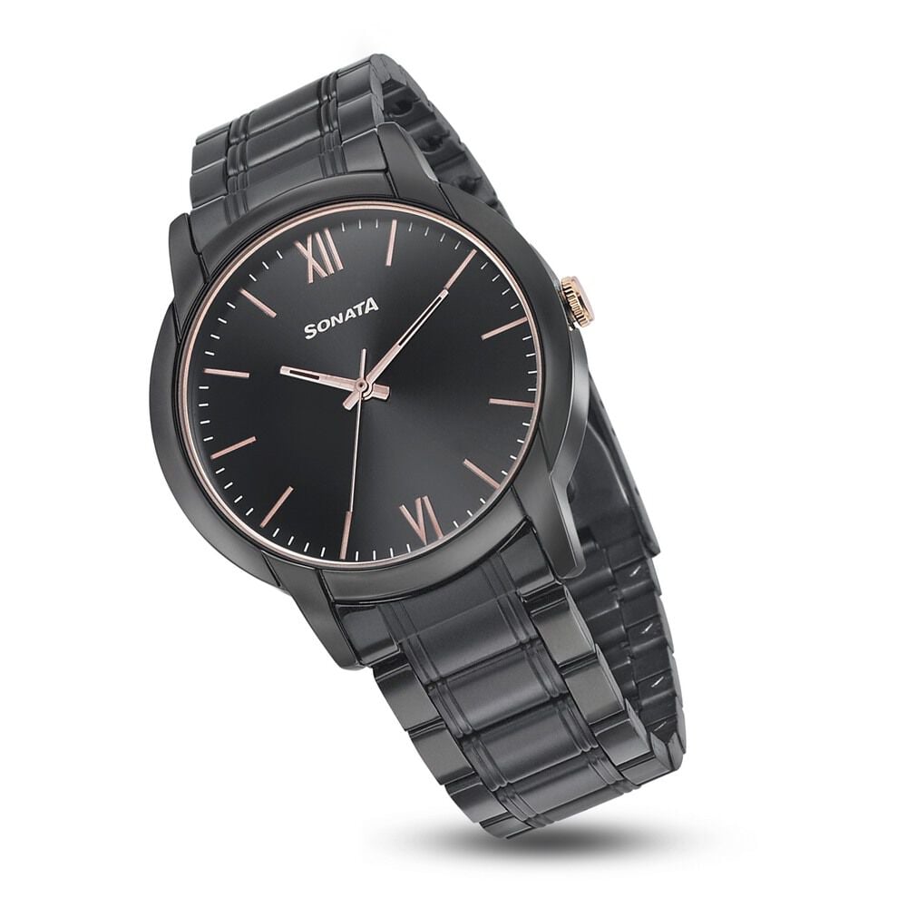 Sonata Beyond Gold Quartz Analog Black Dial Metal Strap Watch for Men
