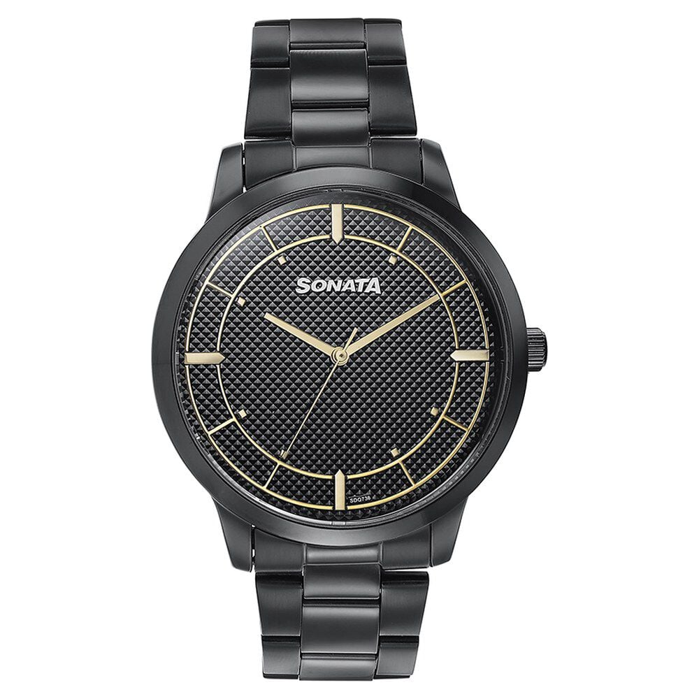 Sonata Quartz Analog Black Dial Black Stainless Steel Strap Watch For Men