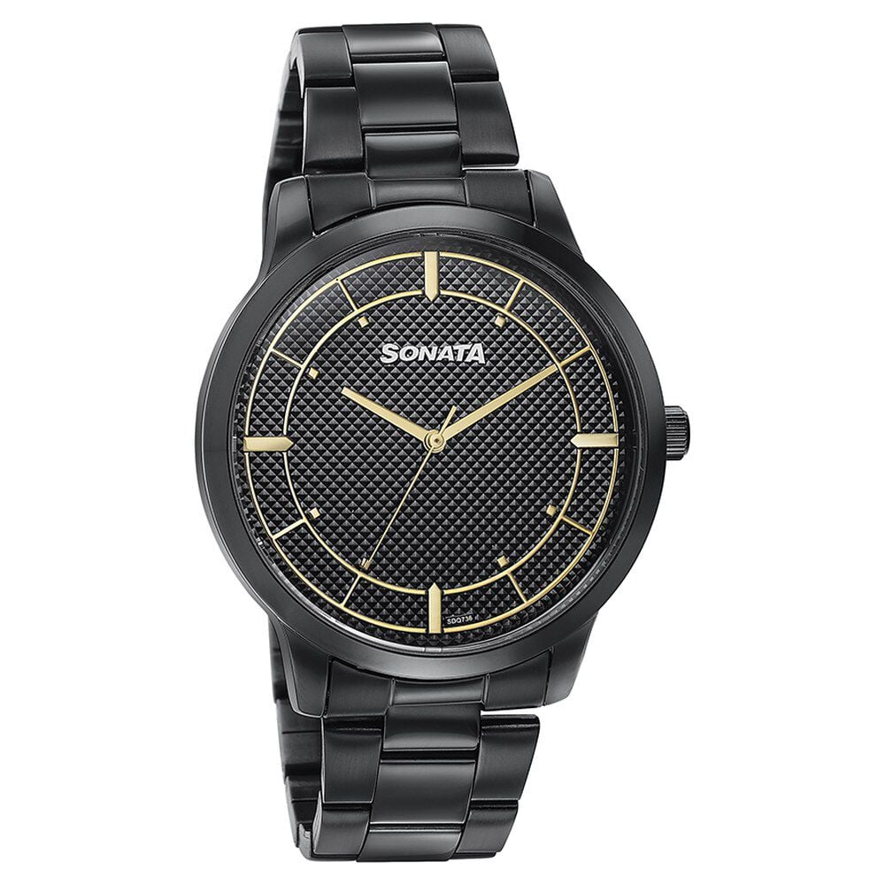 Sonata Quartz Analog Black Dial Black Stainless Steel Strap Watch For Men