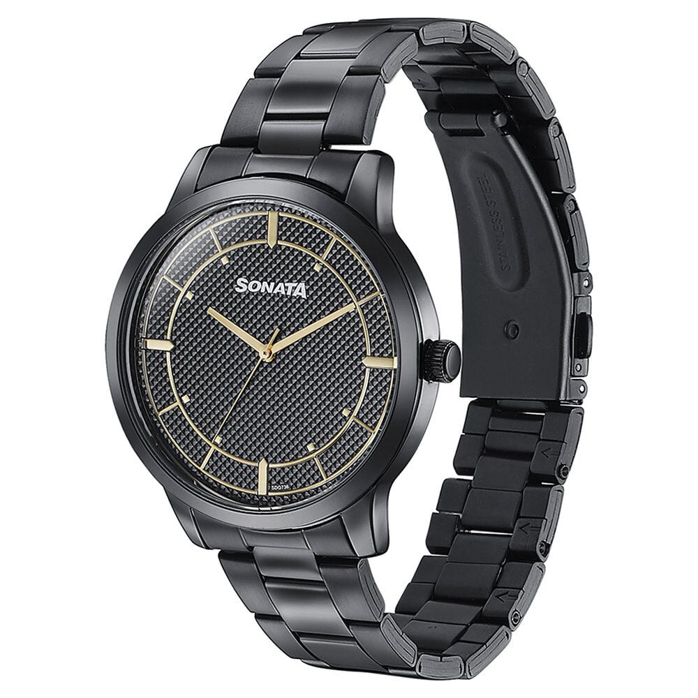 Sonata Quartz Analog Black Dial Black Stainless Steel Strap Watch For Men