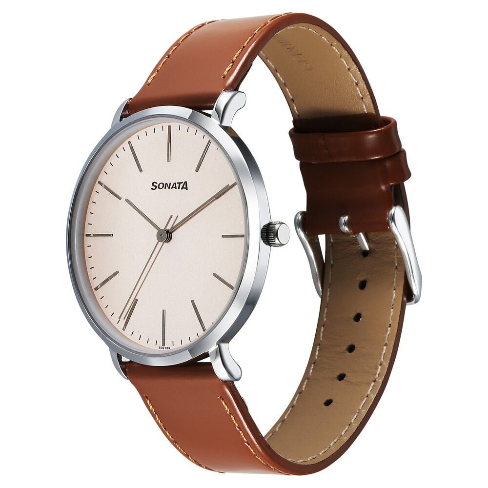 Sonata Ascent Quartz Analog Off White Dial Leather Strap Watch For Men