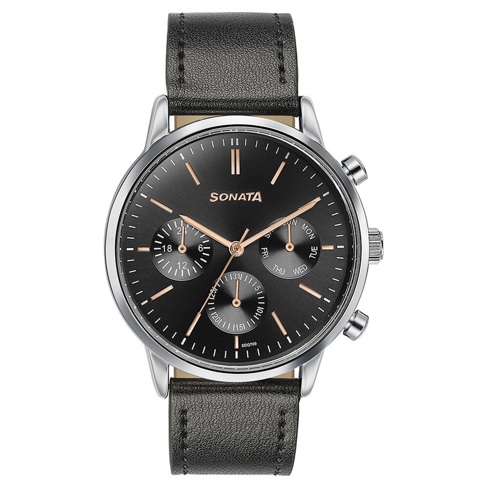 Sonata Quartz Multifunction Black Dial Black Leather Strap Watch For Men