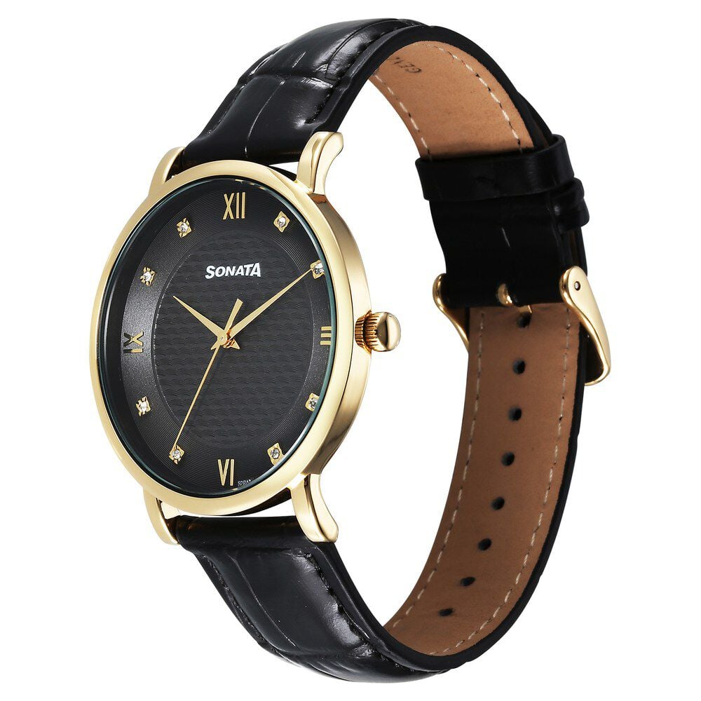 Sonata Wedding Quartz Analog Black Dial Leather Strap Watch For Men