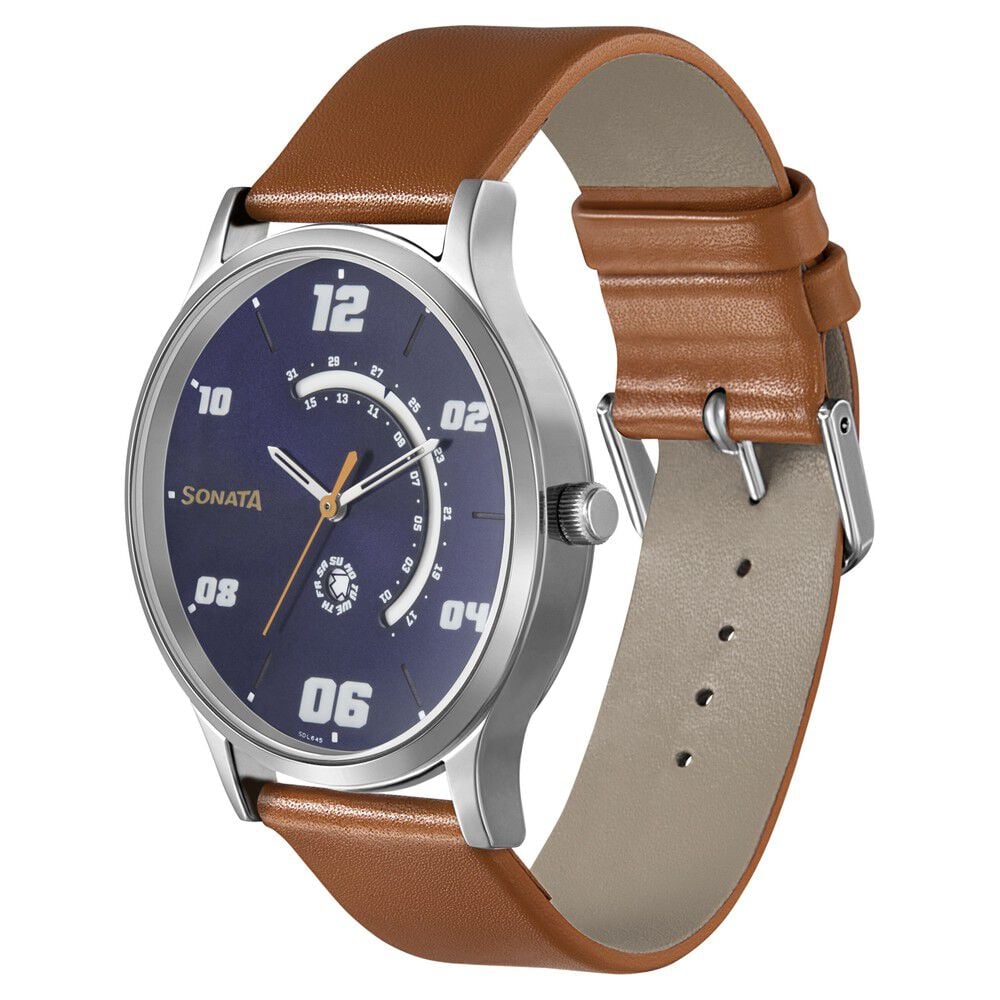 Sonata RPM Quartz Analog with Day and Date Blue Dial Leather Strap Watch for Men