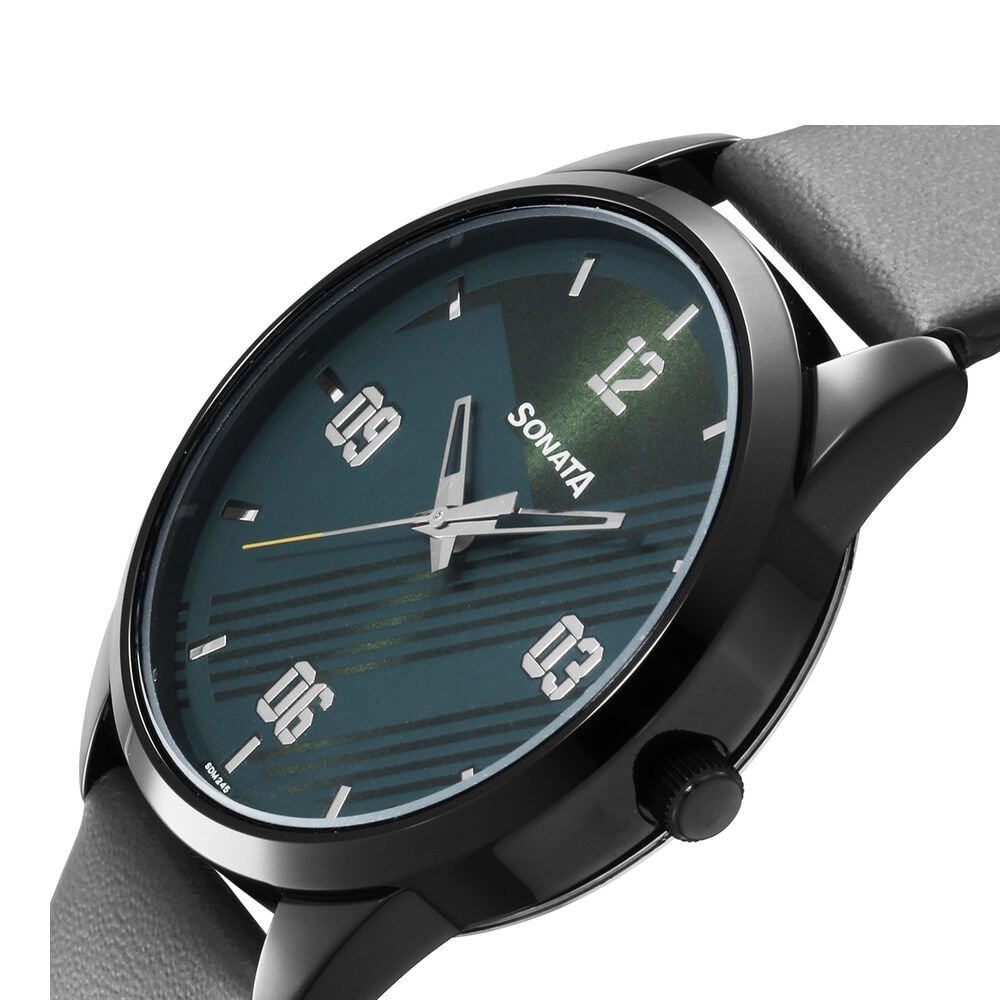 Sonata Force Quartz Analog Green Dial Leather Strap Watch for Men