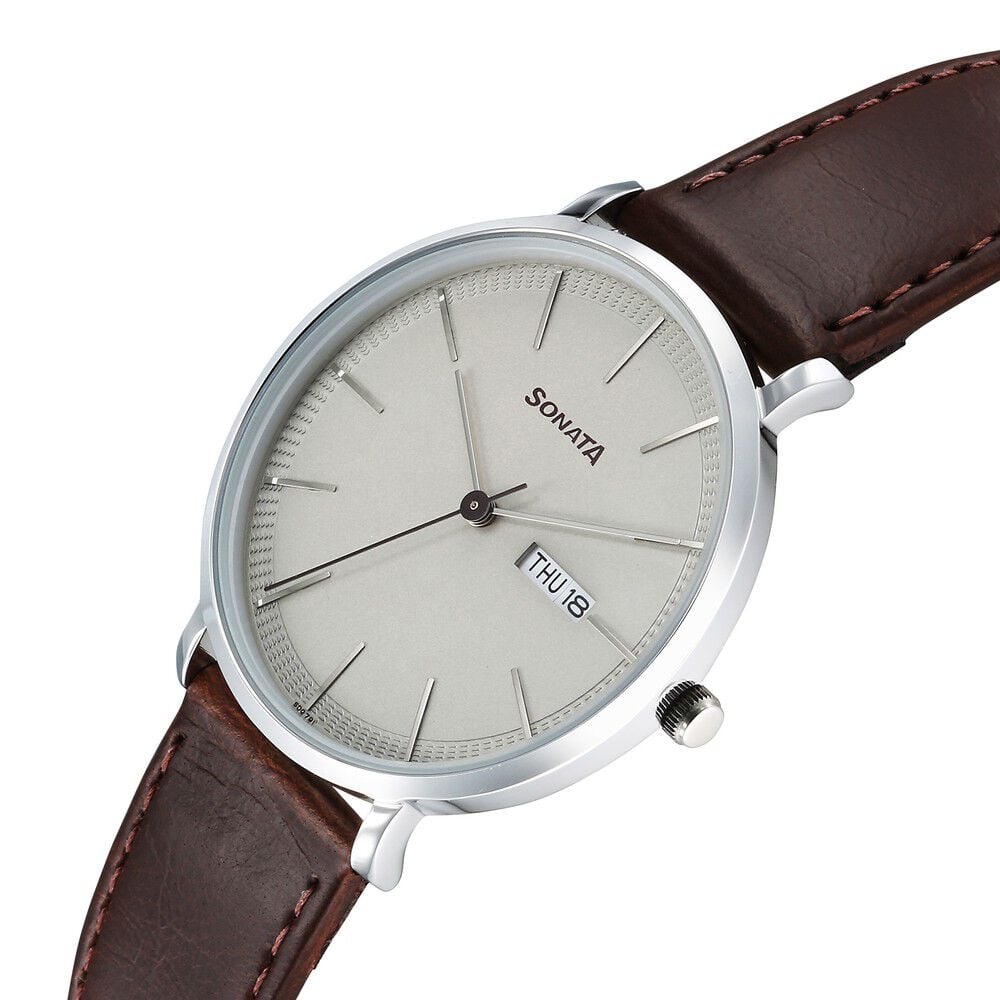 Sonata Ascent Quartz Analog with Day and Date Grey Dial Leather Strap Watch For Men