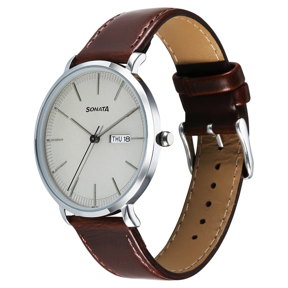 Sonata Ascent Quartz Analog with Day and Date Grey Dial Leather Strap Watch For Men