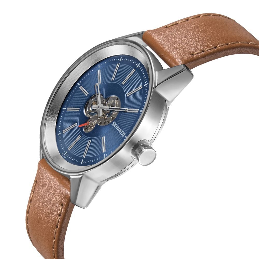 Sonata Quartz Multifunction Blue Dial Leather Strap Watch for Men