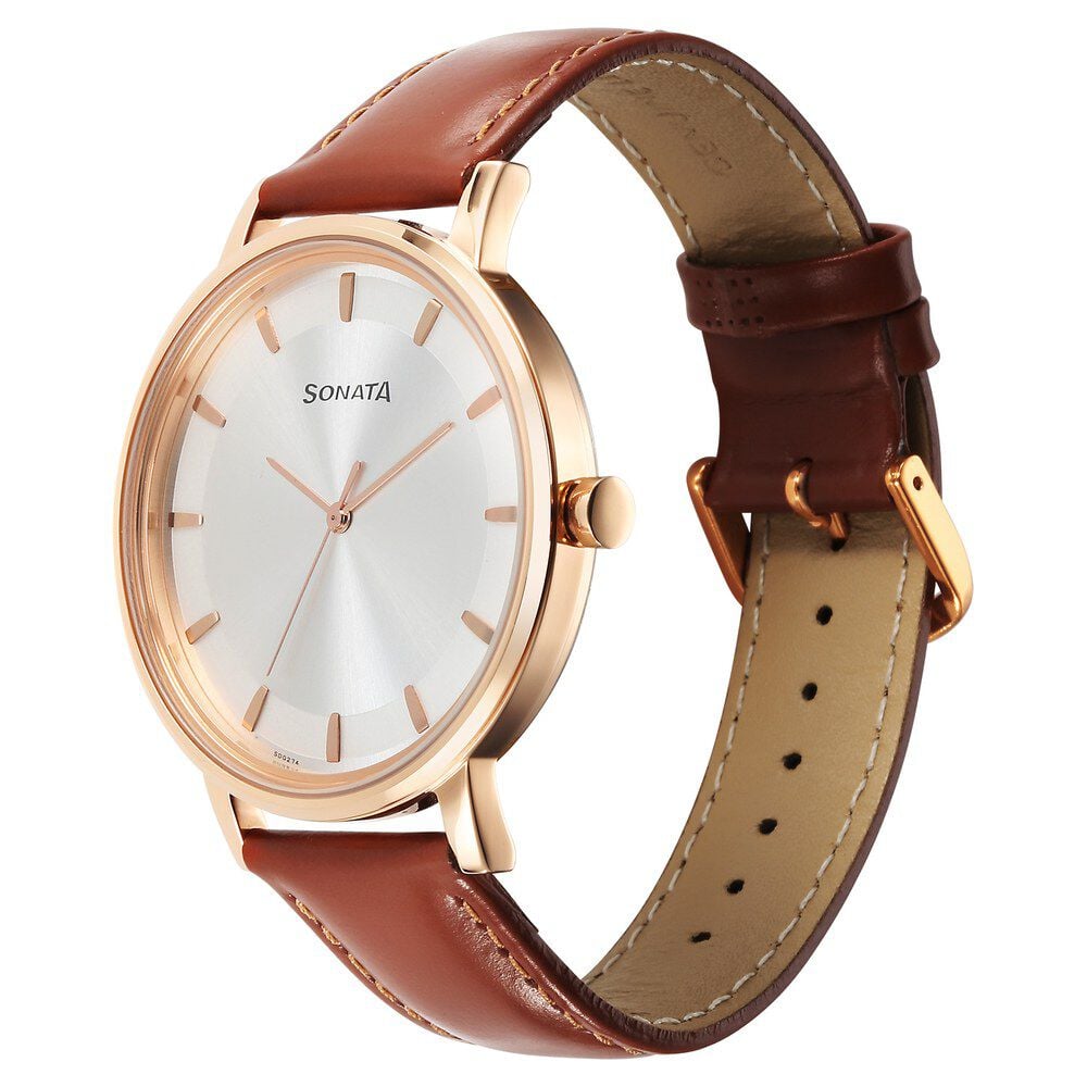 Sonata Utsav Quartz Analog Silver Dial Leather Strap Watch for Men