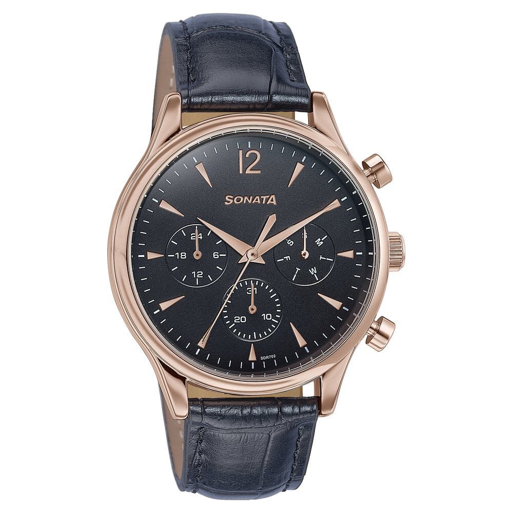 Sonata Wedding Edit Quartz Multifunction Black Dial Leather Strap Watch For Men