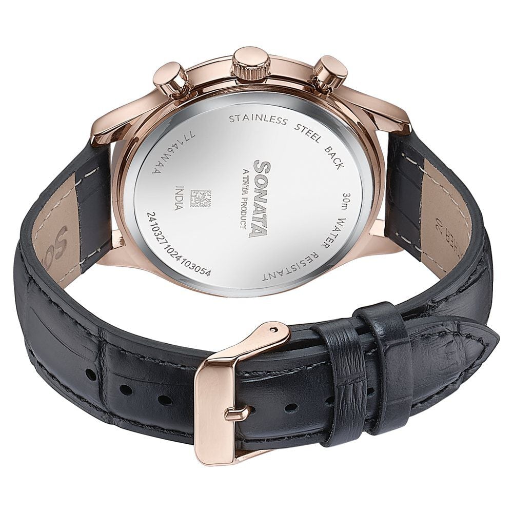 Sonata Wedding Edit Quartz Multifunction Black Dial Leather Strap Watch For Men