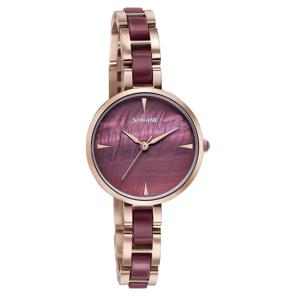 Sonata Wedding Edit Quartz Analog Maroon Dial Stainless Steel With Acetate Strap Watch For Women
