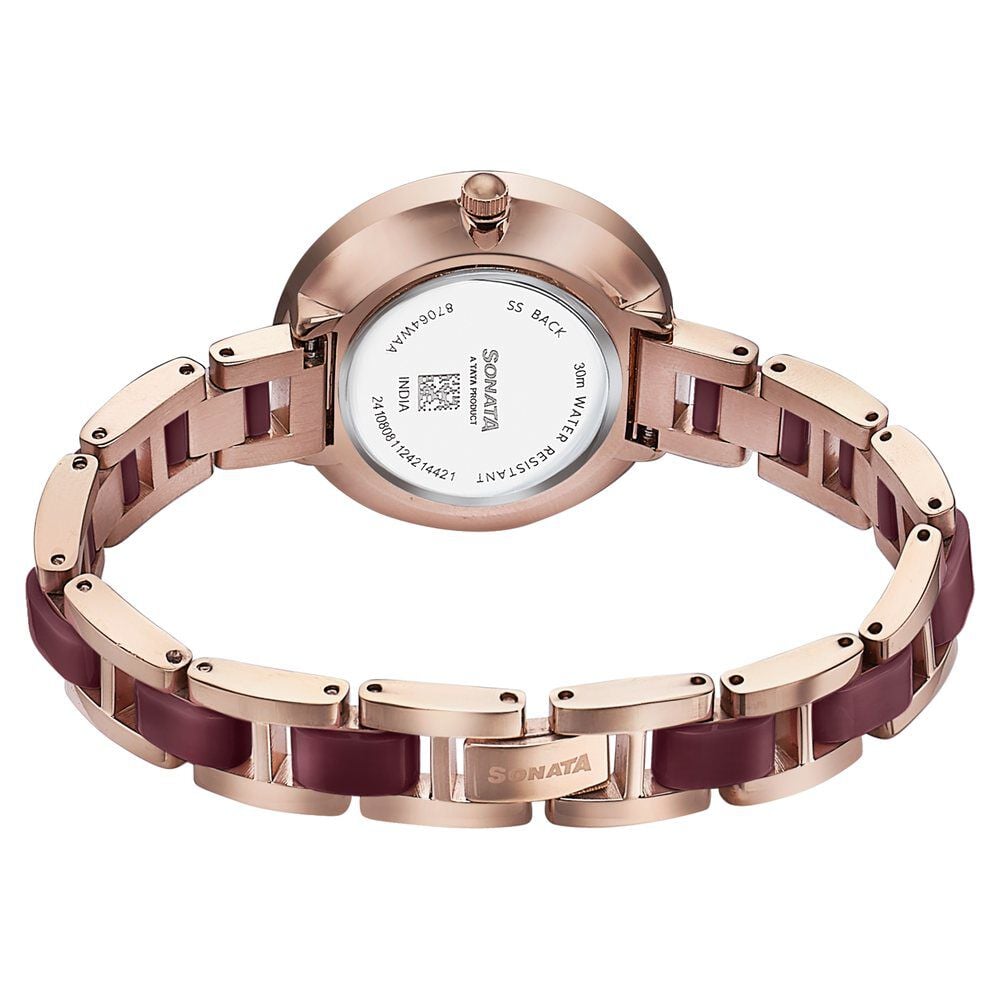 Sonata Wedding Edit Quartz Analog Maroon Dial Stainless Steel With Acetate Strap Watch For Women