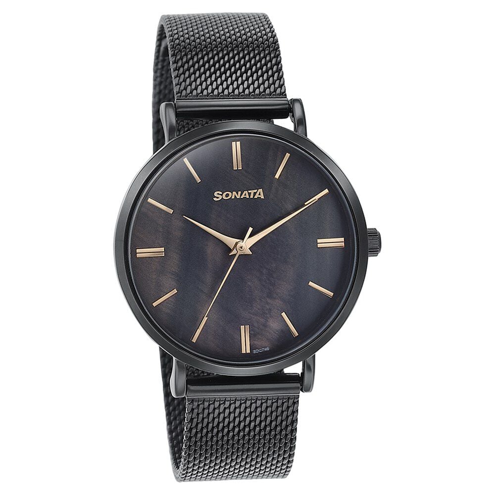 Sonata Quartz Analog Black Dial Black Stainless Steel Strap Watch For Women