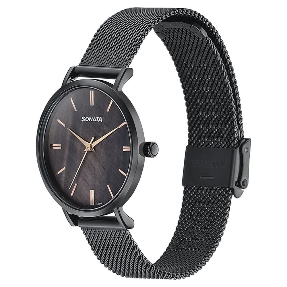 Sonata Quartz Analog Black Dial Black Stainless Steel Strap Watch For Women