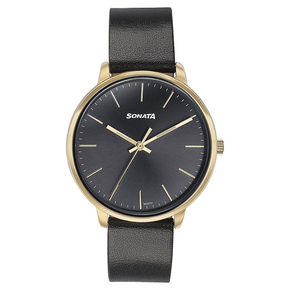 Sonata Quartz Analog Black Dial Black Leather Strap Watch For Women