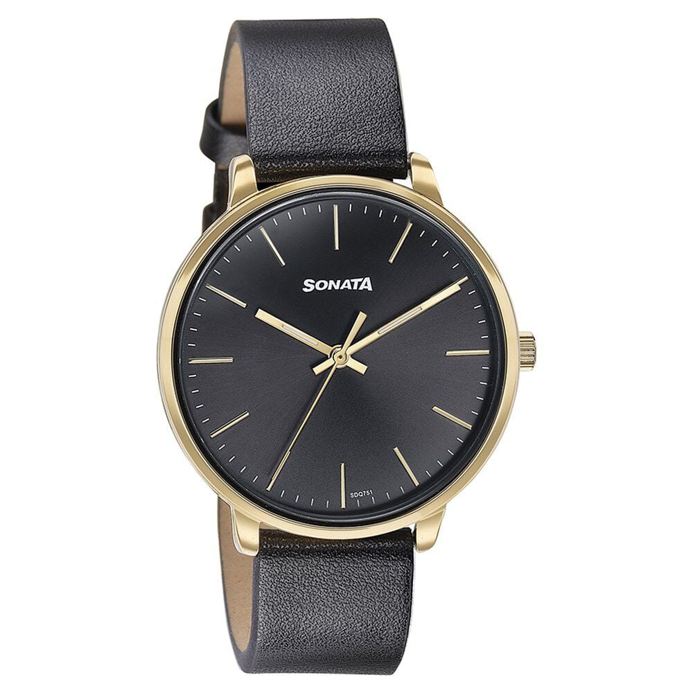 Sonata Quartz Analog Black Dial Black Leather Strap Watch For Women